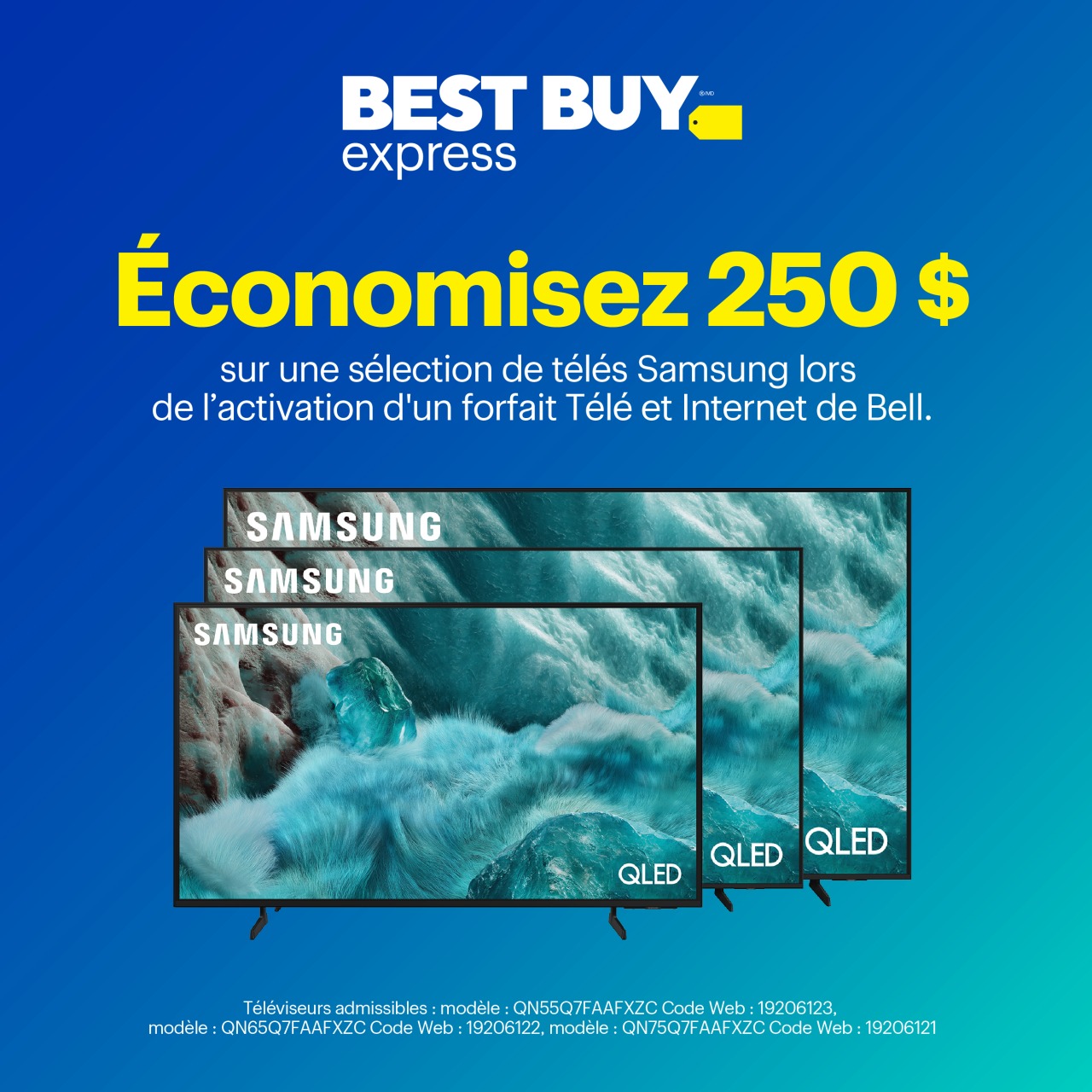 Économisez 250 $ sur une sélection de télés Samsung lors de l’activation d’un forfait Télé et Internet de Bell. icon
